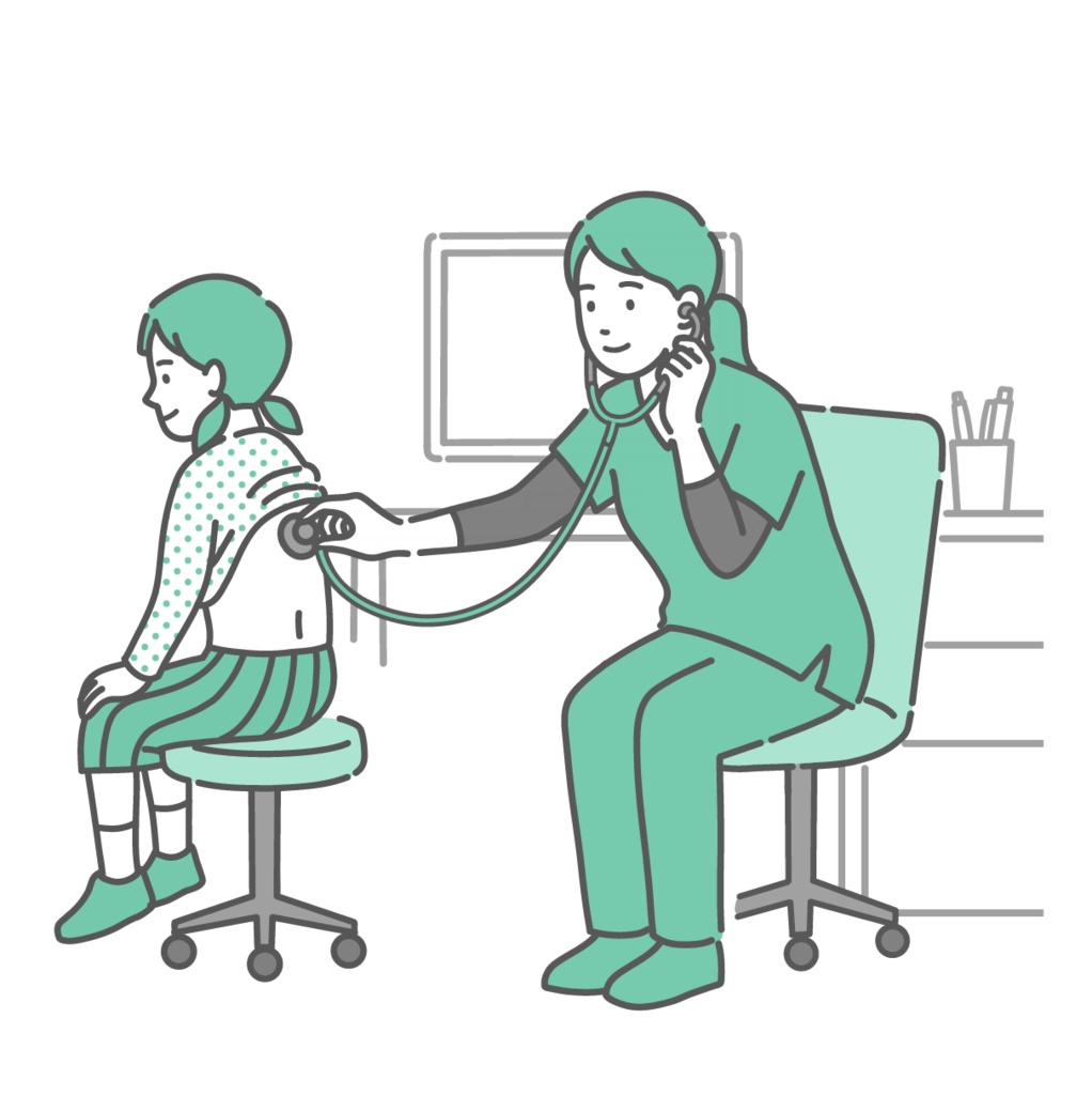 スクラブを着用した女性医療従事者（医師・看護師）による女の子の背中の聴診イラスト