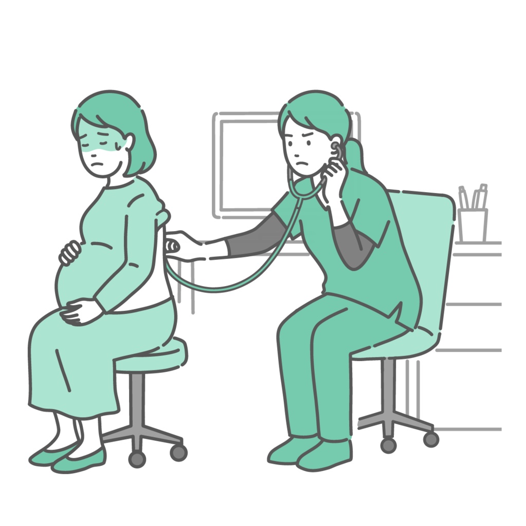 背中の聴診を受ける冷や汗をかいた妊婦と深刻な表情のスクラブ姿の女性医療従事者のイラスト