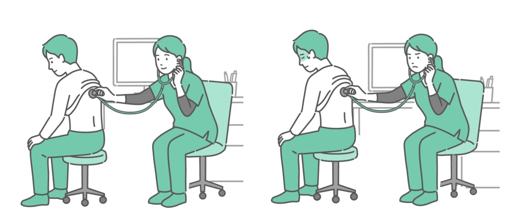 スクラブを着用した女性医療従事者による男性の背中の聴診イラストセット（正常・異常/体調不良）