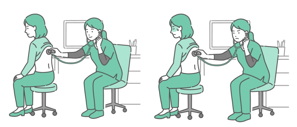 スクラブを着用した女性医療従事者による女性の背中の聴診イラストセット（正常・異常/体調不良）