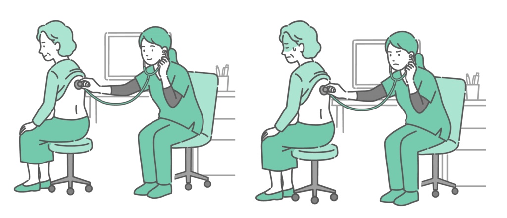 スクラブを着用した女性医療従事者による高齢女性の背中の聴診イラストセット(正常・異常/体調不良)
