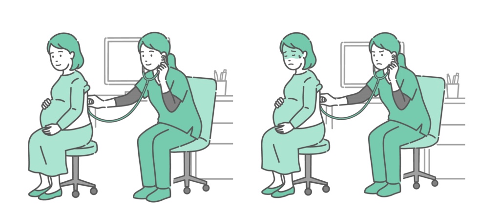 スクラブを着用した女性医療従事者による妊婦の背中の聴診イラストセット（正常・異常/体調不良）