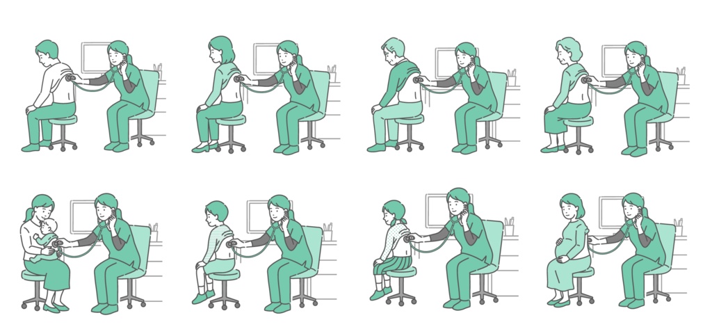 スクラブを着用した女性医療従事者による背中の聴診イラスト8点セット（老若男女・妊婦・乳児）