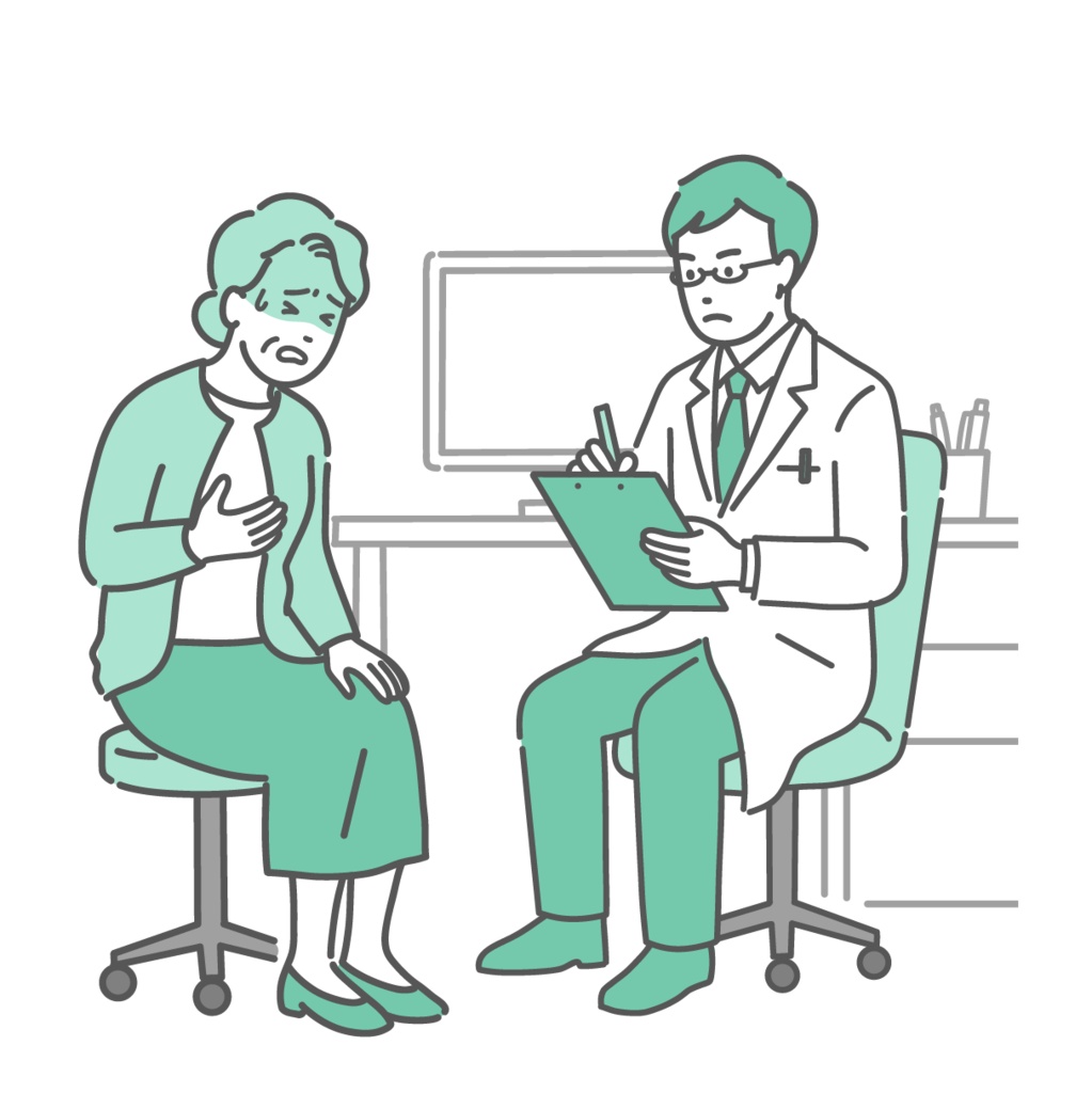 体調不良を訴える高齢女性と男性医師（白衣・救急・循環器）