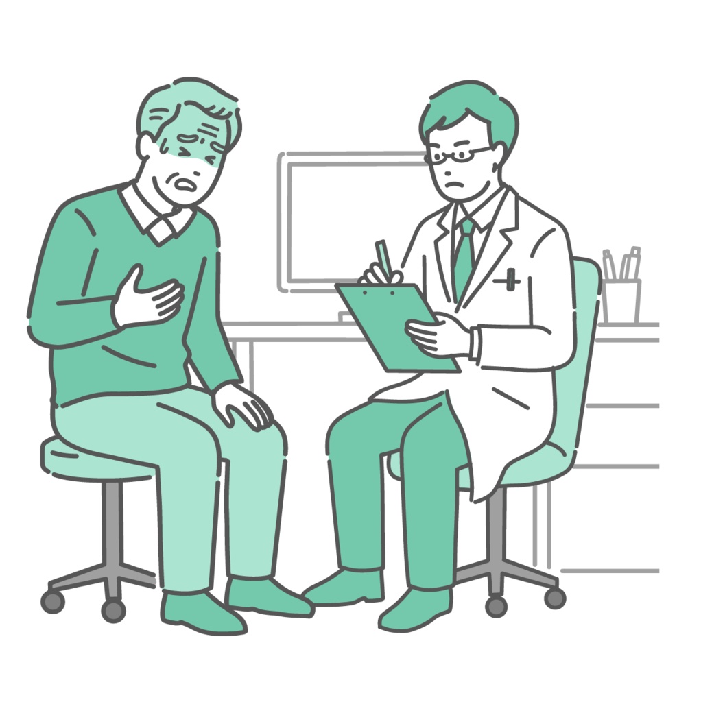 体調不良を訴える高齢男性と男性医師（白衣・救急・循環器）