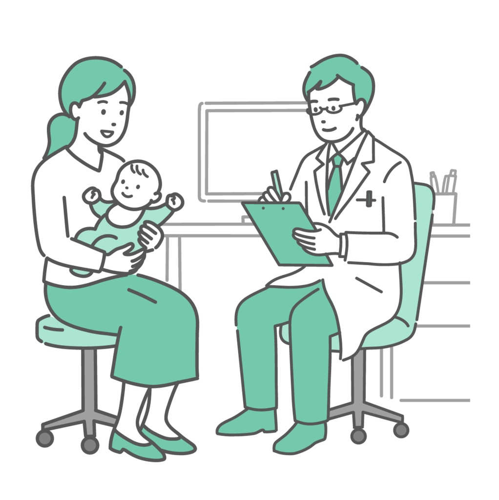 問診をする男性医師と親子（赤ちゃん・白衣・小児科）