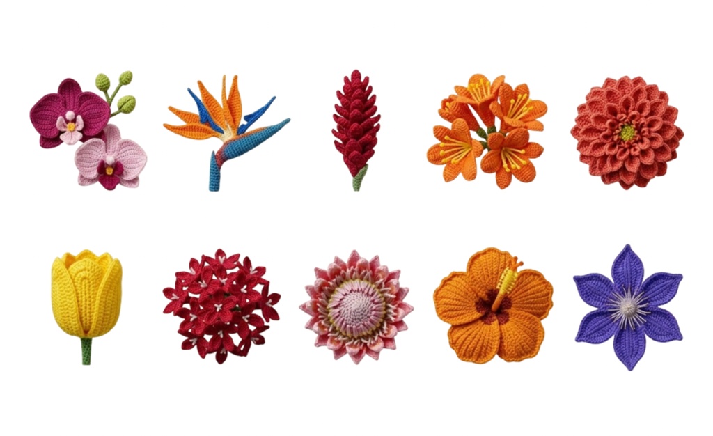 あみぐるみ風 かぎ針編みの花 6ページ60個セット 背景透過PNG素材【ダウンロード販売】