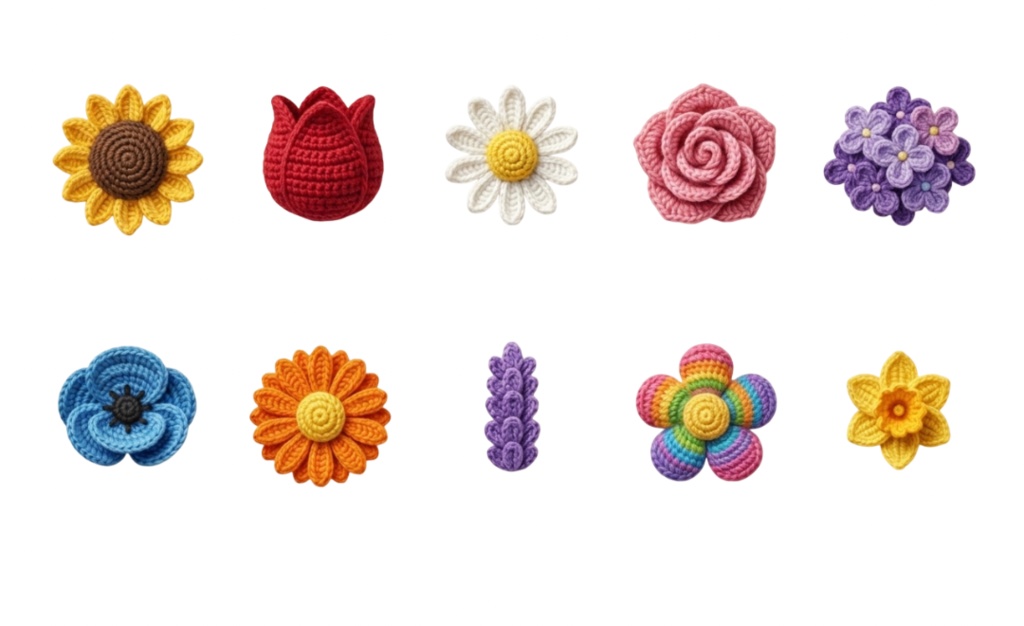 あみぐるみ風 かぎ針編みの花 6ページ60個セット 背景透過PNG素材【ダウンロード販売】