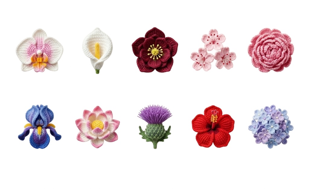 あみぐるみ風 かぎ針編みの花 6ページ60個セット 背景透過PNG素材【ダウンロード販売】