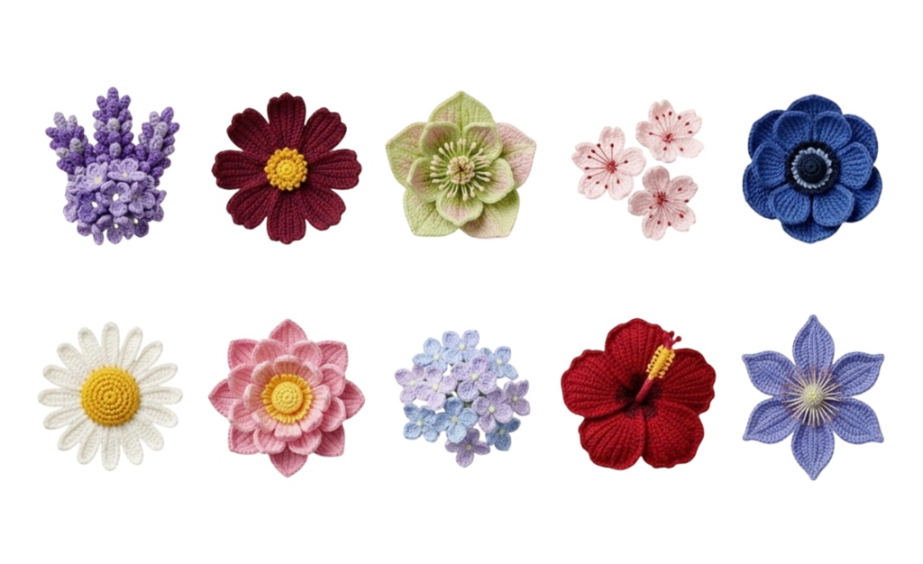 あみぐるみ風 かぎ針編みの花 6ページ60個セット 背景透過PNG素材【ダウンロード販売】