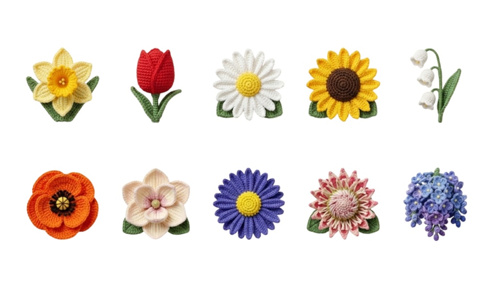 あみぐるみ風 かぎ針編みの花 6ページ60個セット 背景透過PNG素材【ダウンロード販売】