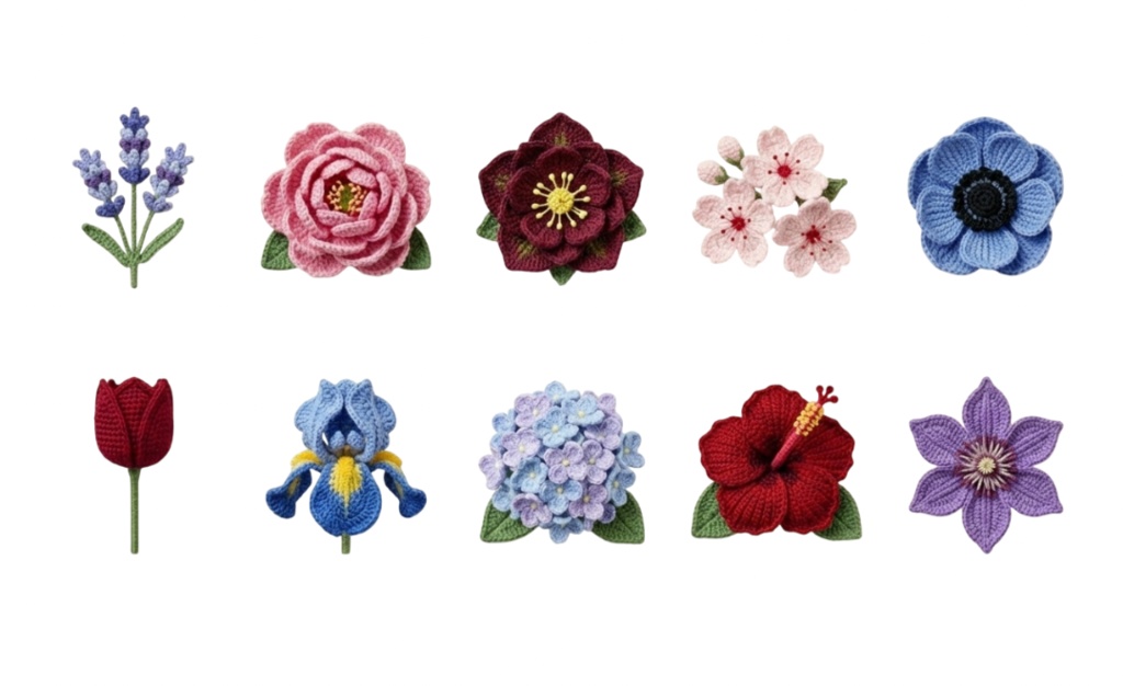 あみぐるみ風 かぎ針編みの花 6ページ60個セット 背景透過PNG素材【ダウンロード販売】