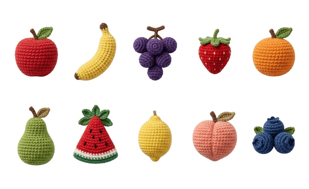 【フルーツ】あみぐるみ風 クリップアート7ページ70個セット 背景透過PNG素材【ダウンロード販売】