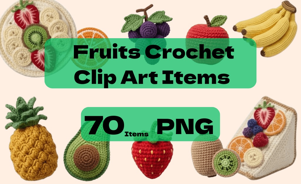 【フルーツ】あみぐるみ風 クリップアート7ページ70個セット 背景透過PNG素材【ダウンロード販売】