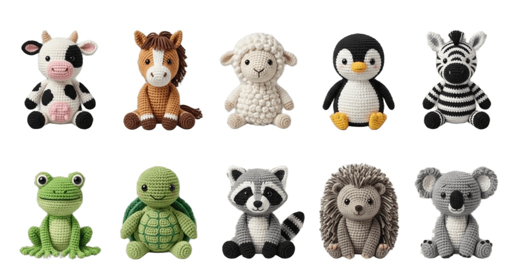 【動物】あみぐるみ風 6ページ60個セット 背景透過PNG素材【ダウンロード販売】