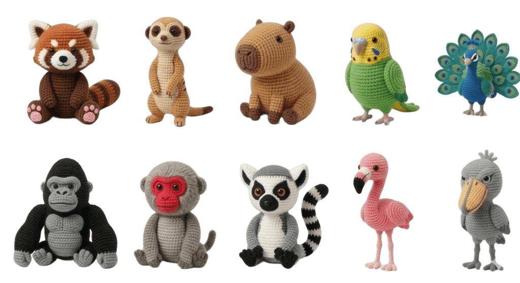 【動物】あみぐるみ風 6ページ60個セット 背景透過PNG素材【ダウンロード販売】