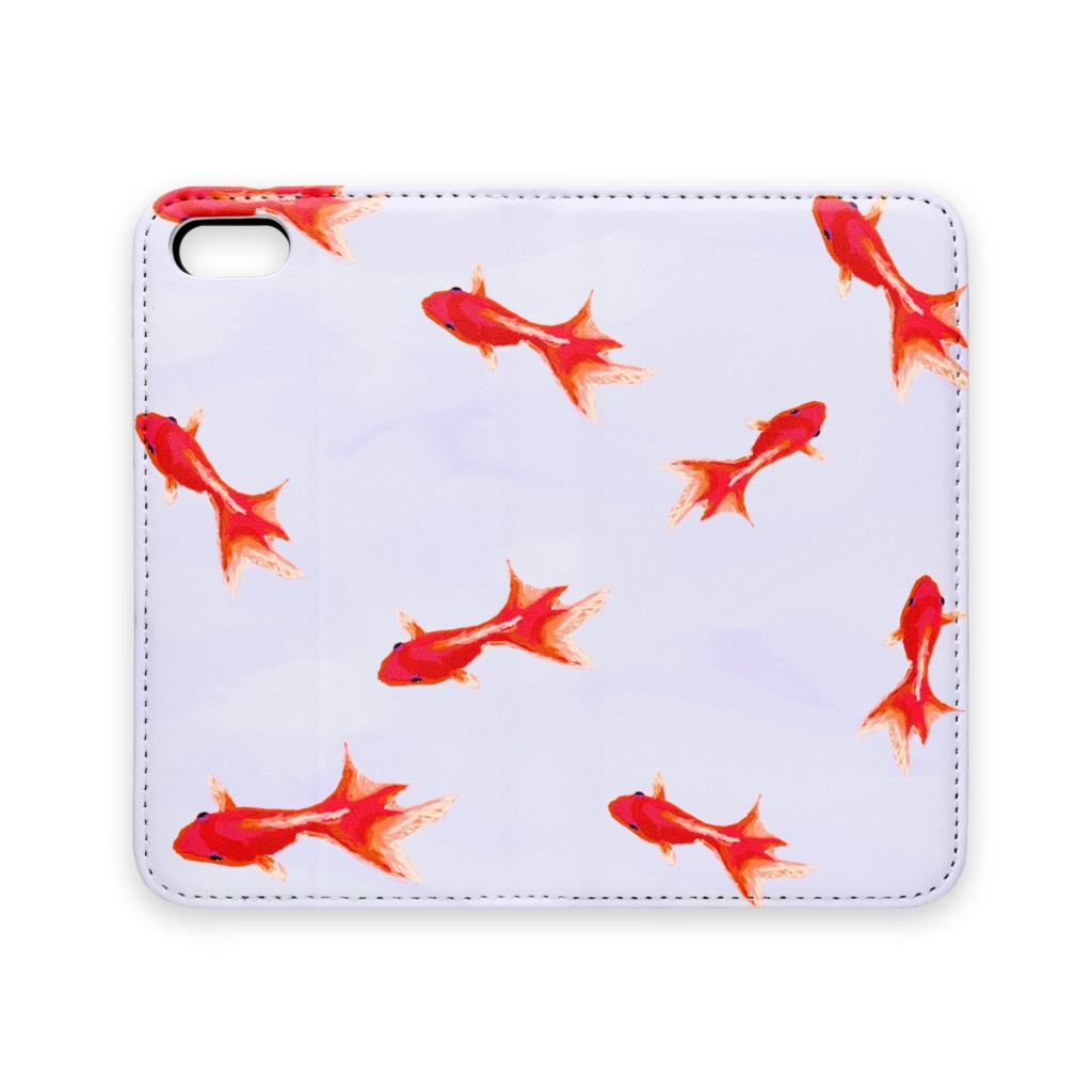 手帳型iPhoneケース 魚02　金魚　レッド　ブルーグレー