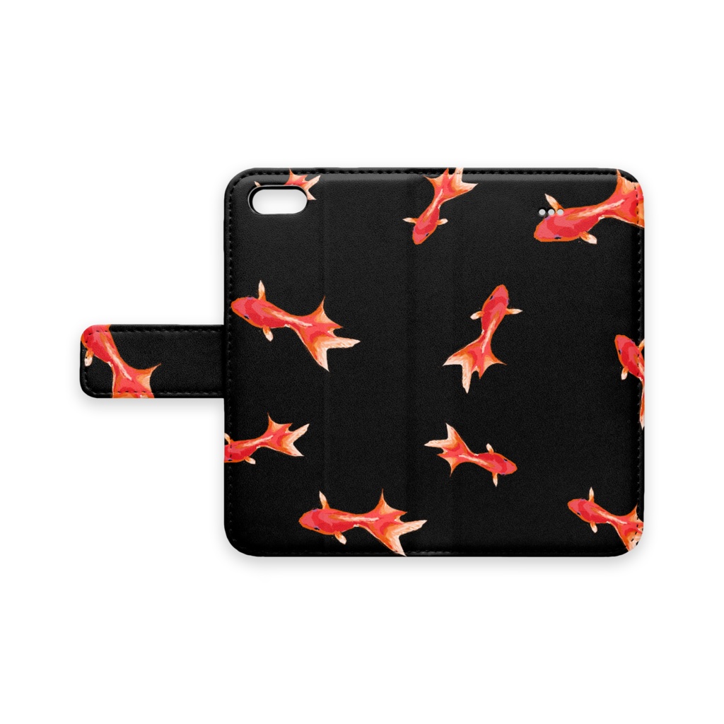 手帳型iPhoneケース 魚04　金魚　レッド　ブラック