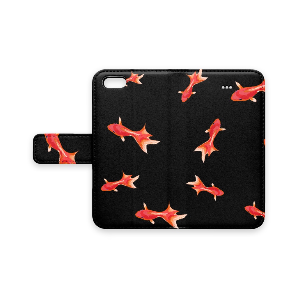 手帳型iPhoneケース 魚05　金魚　レッド　ブラック
