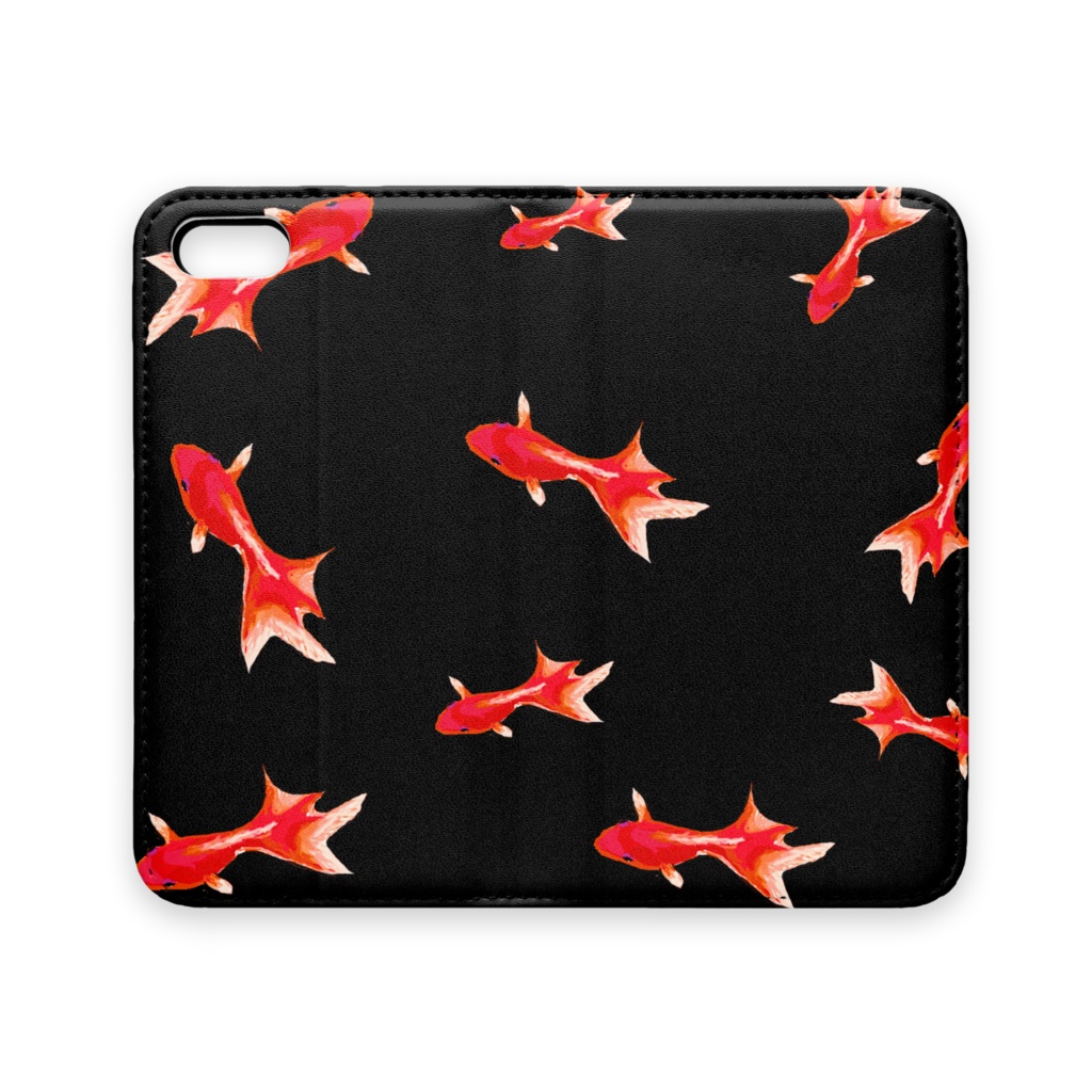 手帳型iPhoneケース 魚06　金魚　レッド　ブラック