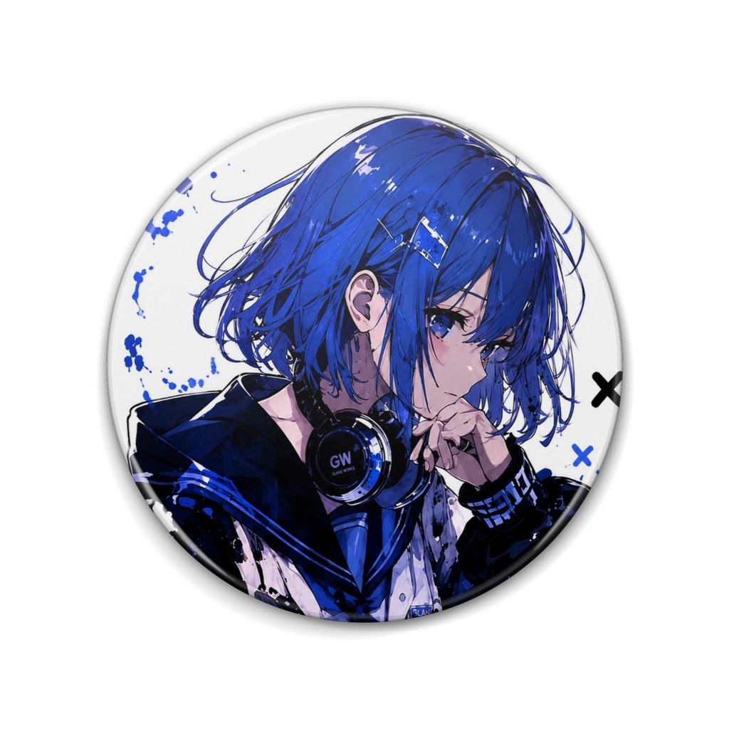 GW aoちゃん 缶バッチ 青髪女の子 76mm