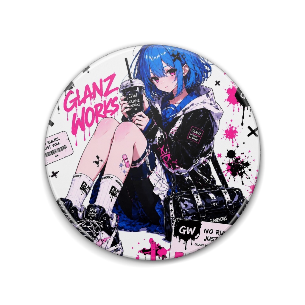 GW aoちゃん 缶バッチ 青髪女の子 76mm ②