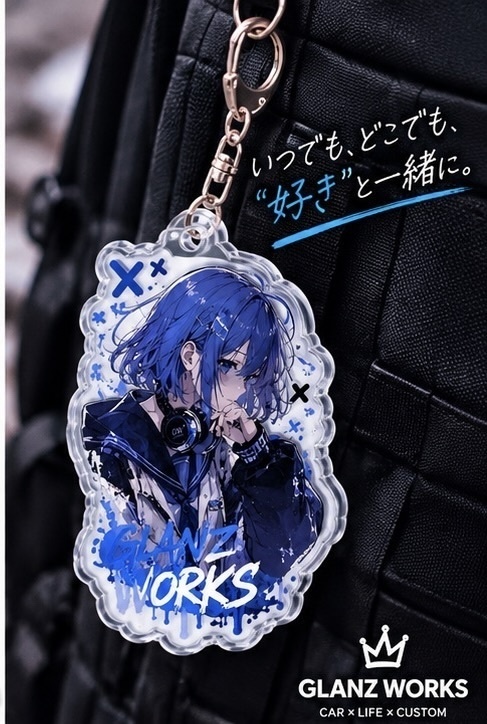 GLANZ WORKS オリジナル アクリルキーホルダー|ブルーヘア・ヘッドホンガール