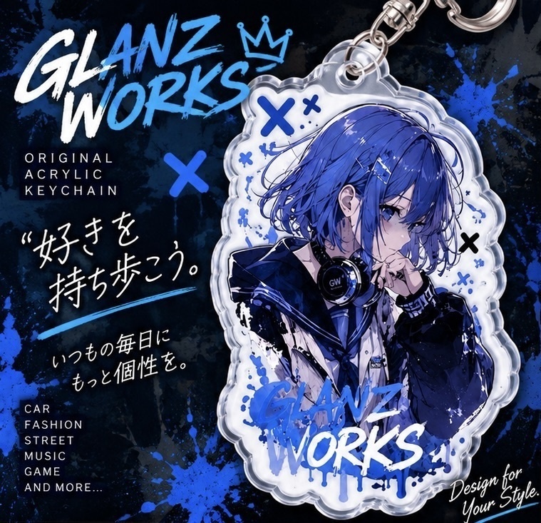 GLANZ WORKS オリジナル アクリルキーホルダー|ブルーヘア・ヘッドホンガール