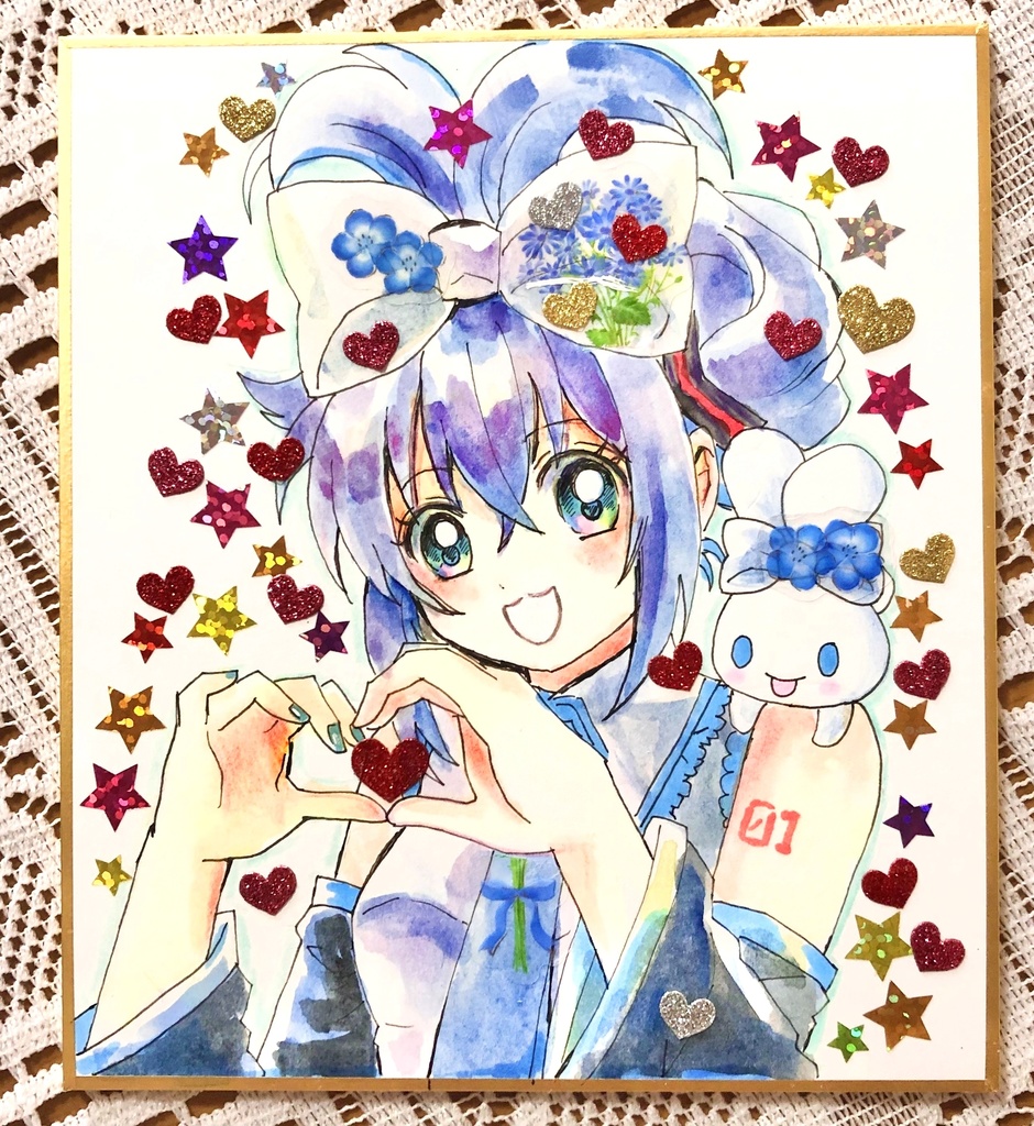 シナモンミク（手でハート）【アナログ色紙・原画】