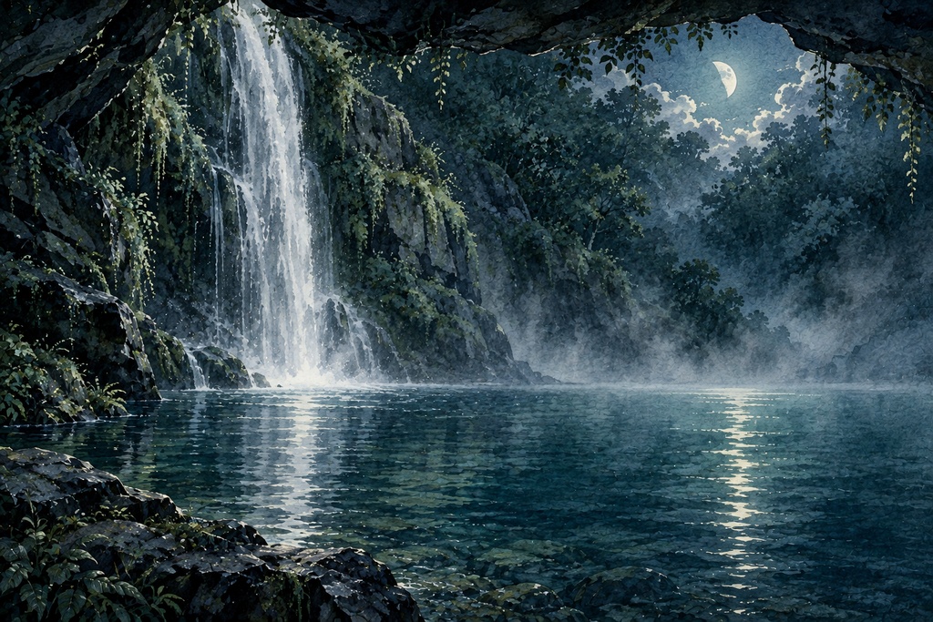 【無料サンプル】月が照らす10の水辺【幻想水彩背景素材】