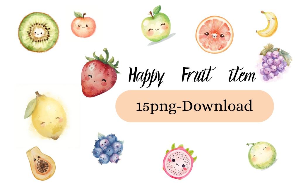 Happy & Kawaii 水彩フルーツキャラ 15 PNGセット 🍑✨