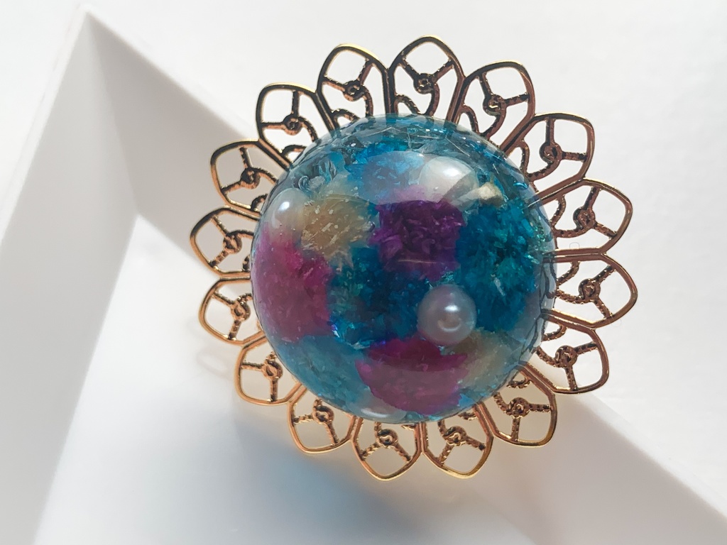 小花のレジンカボションポニーフック・ブルー