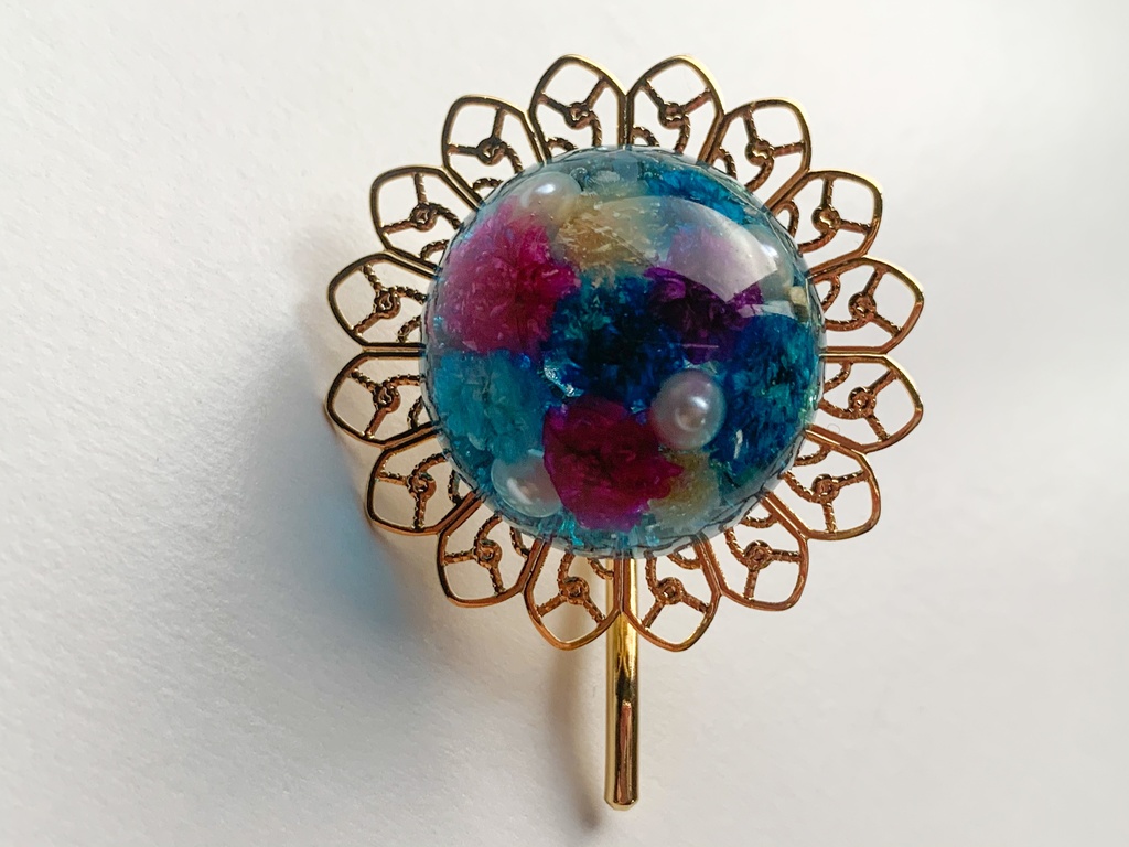 小花のレジンカボションポニーフック・ブルー