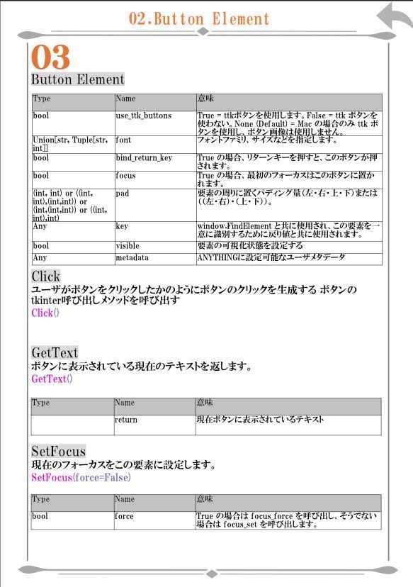 PYsimpluGUI callリファレンス 日本語マニュアル