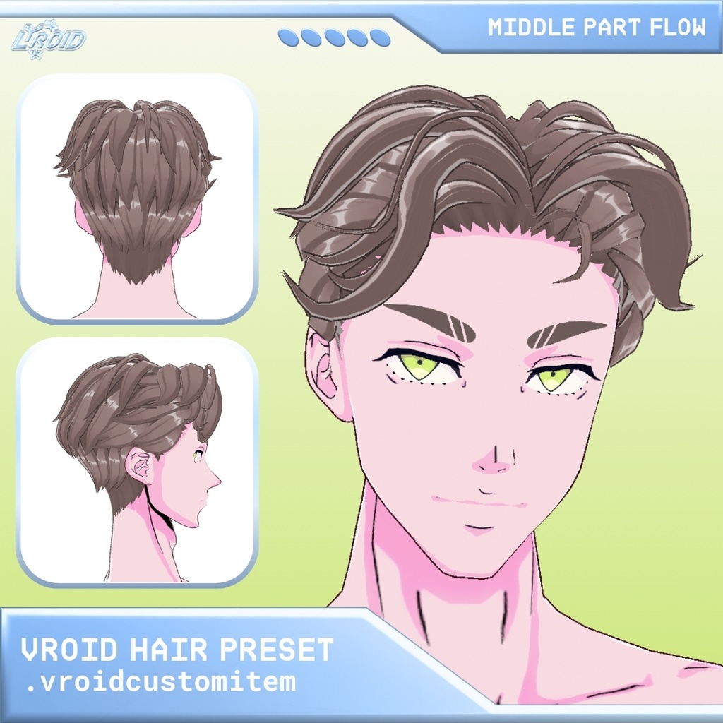 【VRoid】Hair Preset | Middle Part Flow Male Hairstyle | 中間部分の男性の髪のプリセット
