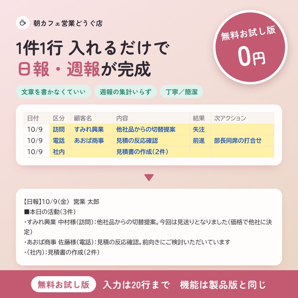 【無料お試し版】営業日報・週報 整形セット｜20行まで・Excel（マクロなし）