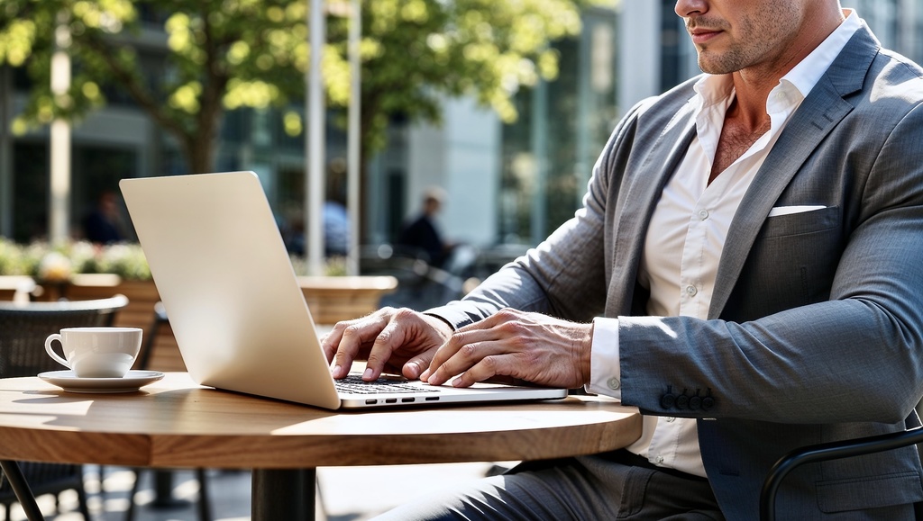カフェでPC開いてるだけで画になる男　16:9 壁紙