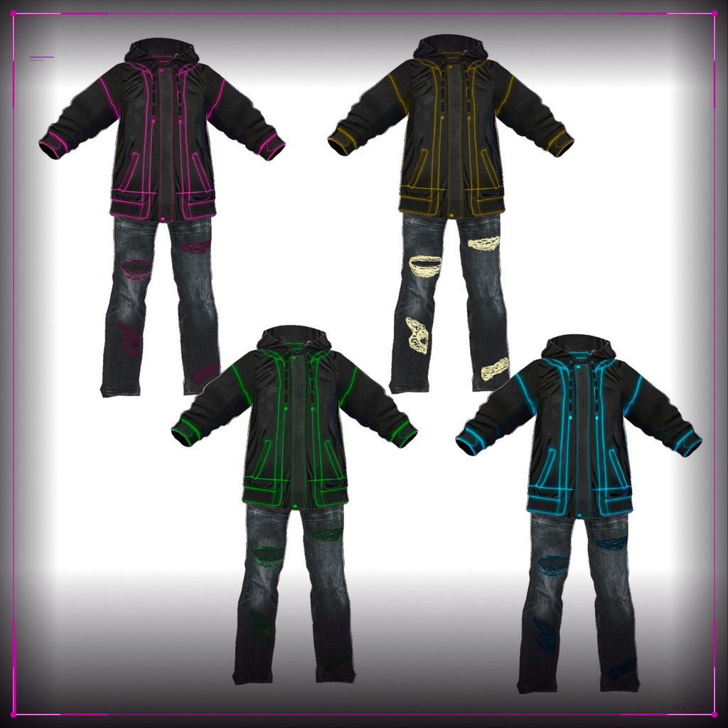 【VRoid texture】ネオンダメージデニム & フーディー セット // NEON Damage Denim & Hoodie Set