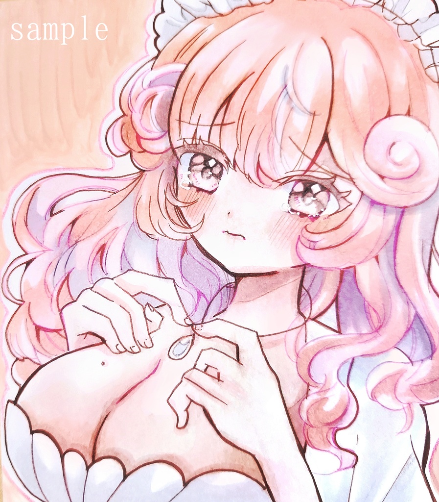 手描きイラスト ピンク髪の女の子 オリジナル 原画 ミニ色紙