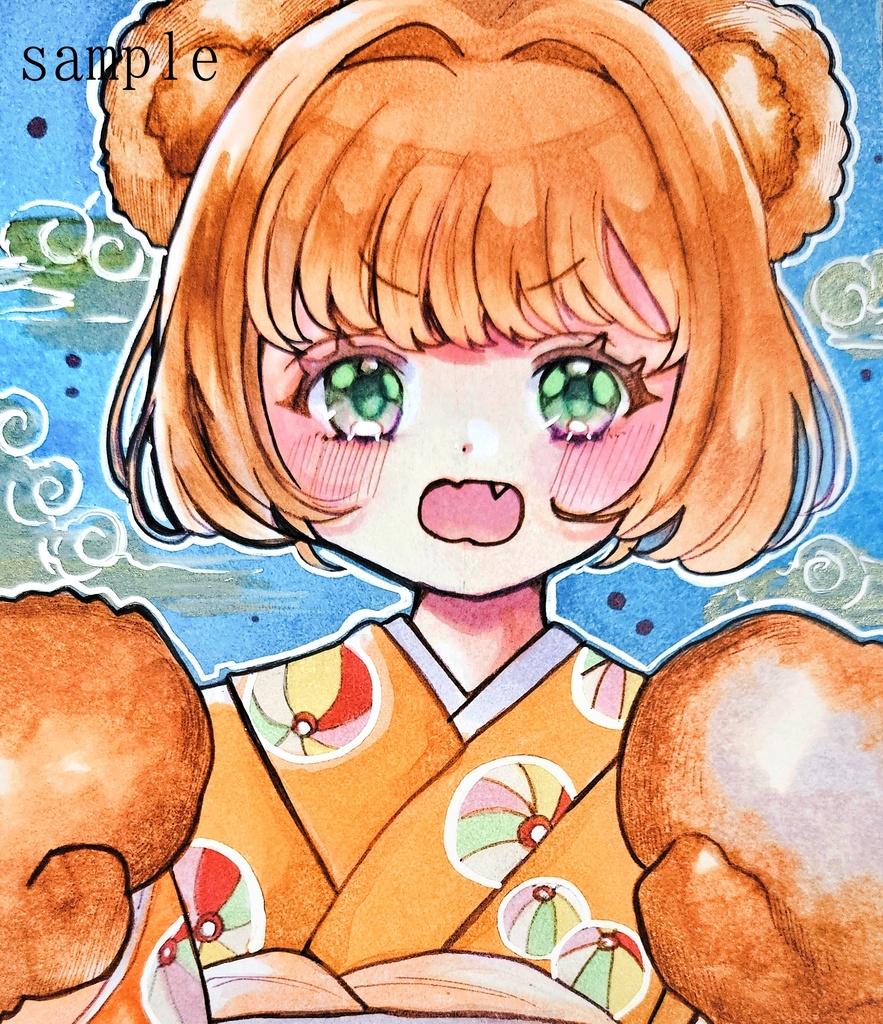 手描きイラスト オリジナル クマ耳女の子 ミニ色紙