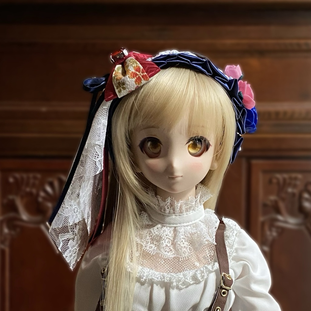 【ドール用】ヘアアクセサリー 青ヘッドドレス花レッドストーン