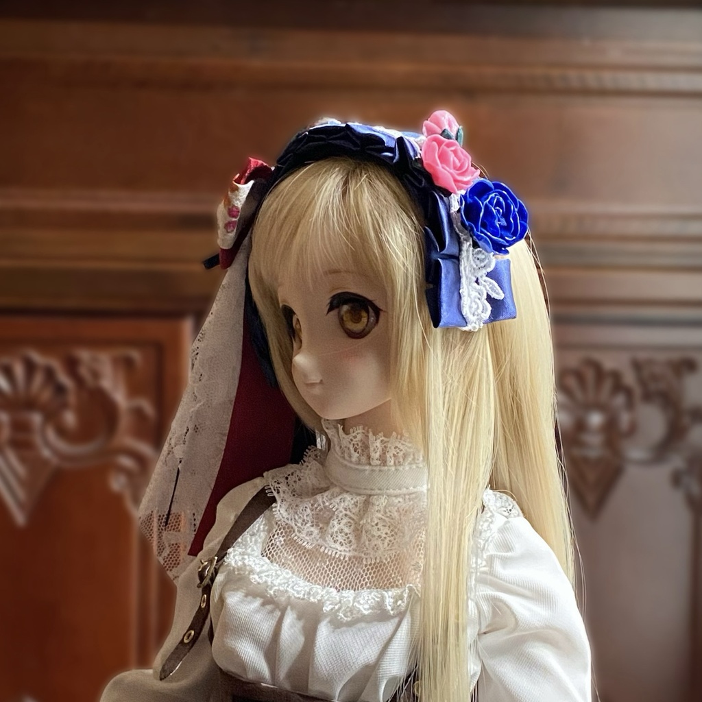 【ドール用】ヘアアクセサリー 青ヘッドドレス花レッドストーン