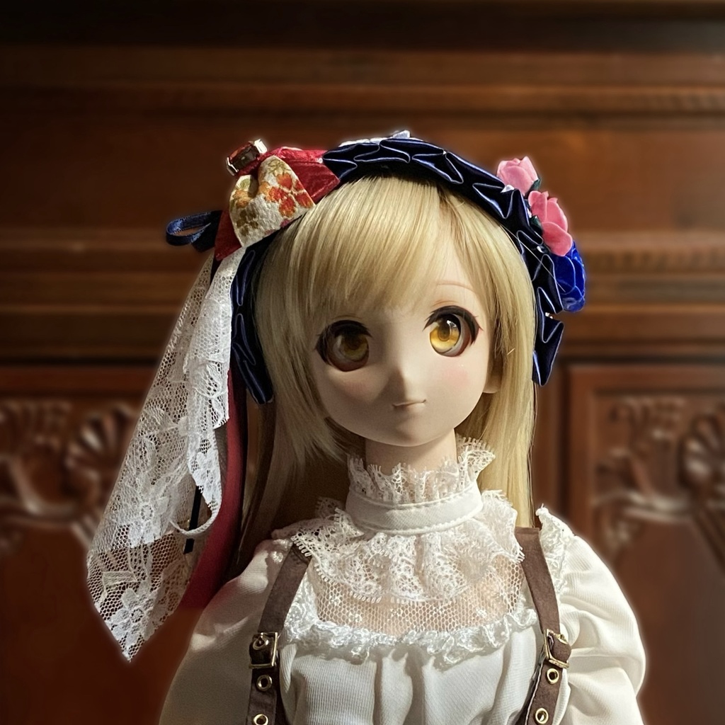 【ドール用】ヘアアクセサリー 青ヘッドドレス花レッドストーン