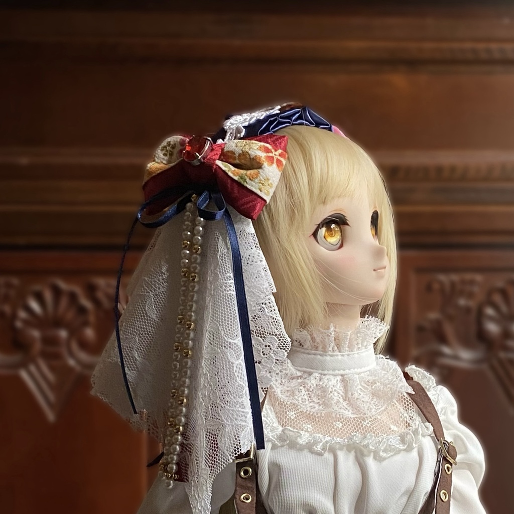 【ドール用】ヘアアクセサリー 青ヘッドドレス花レッドストーン