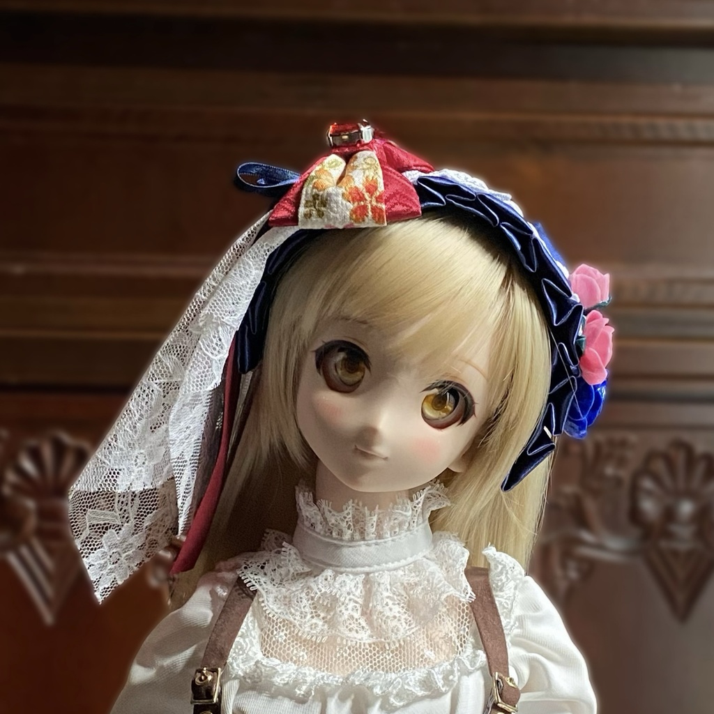 【ドール用】ヘアアクセサリー 青ヘッドドレス花レッドストーン