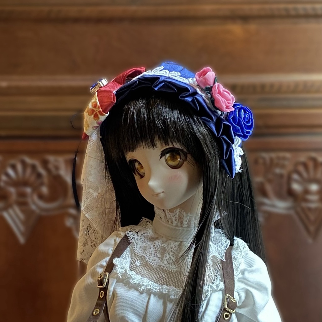 【ドール用】ヘアアクセサリー 青ヘッドドレス花ブルーストーン