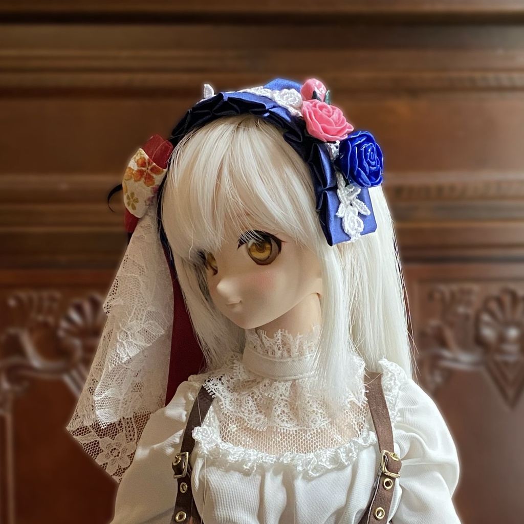【ドール用】ヘアアクセサリー 青ヘッドドレス花クリスタルストーン