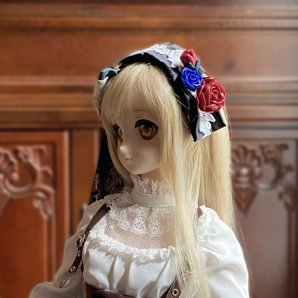 【ドール用】ヘアアクセサリー 黒ヘッドドレス花レッドストーン
