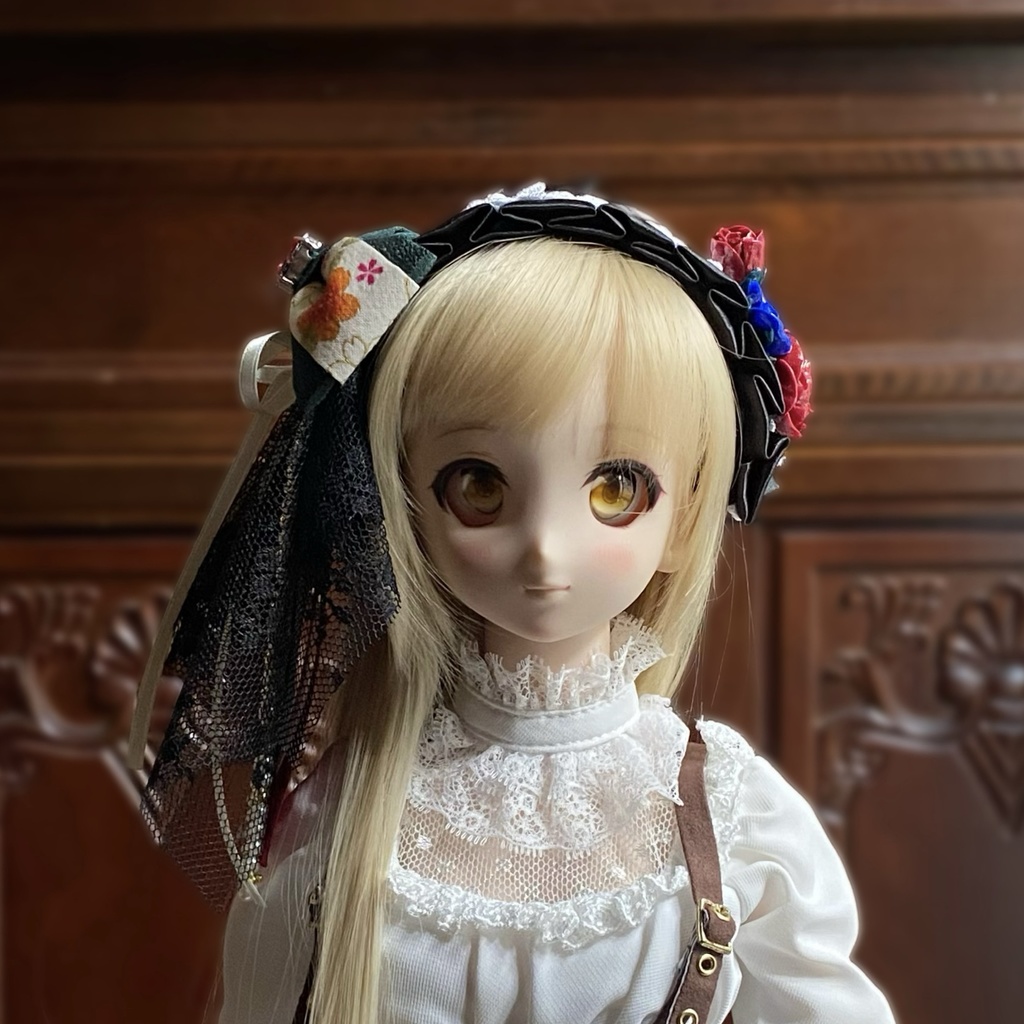 【ドール用】ヘアアクセサリー 黒ヘッドドレス花レッドストーン