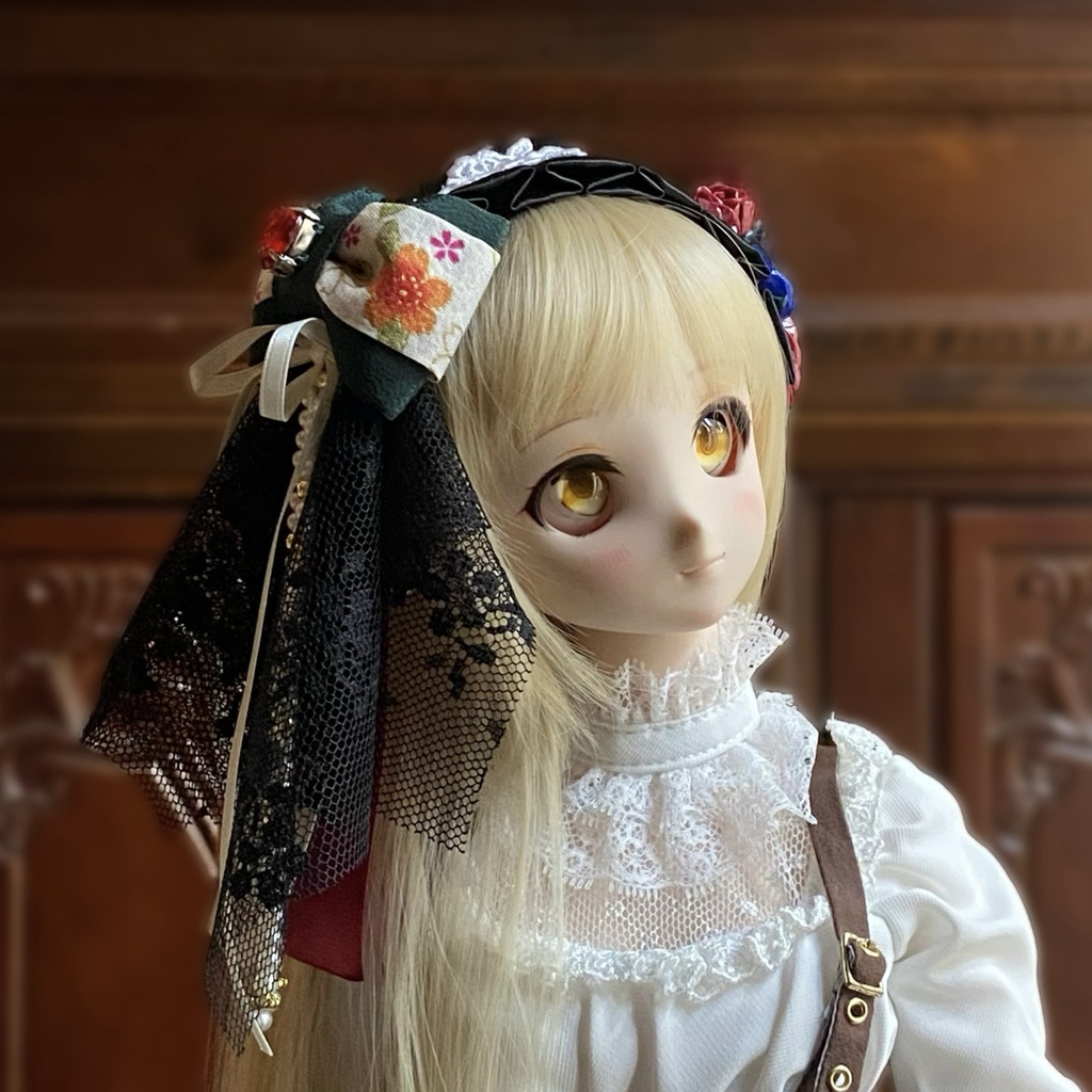 【ドール用】ヘアアクセサリー 黒ヘッドドレス花レッドストーン